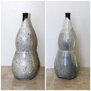 Naked Raku ceramic pottery bottle white and black glaze signed by artist unique